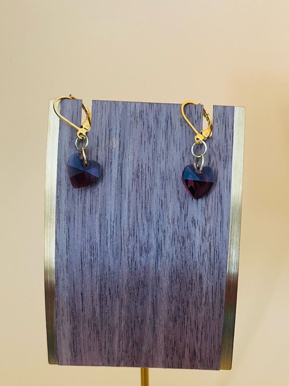 Purple Crystal heart earrings Gold plated